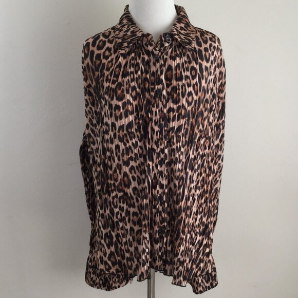 Anthropologie Good American Leopard Plisse Pleated Button Up Shirt 00/0 - Picture 4 of 12